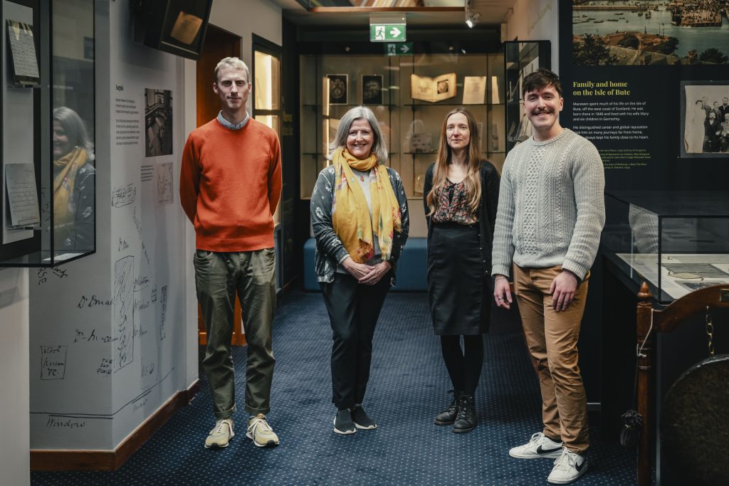 Colleagues at the College celebrate opening of Macewen exhibition in Crush Hall.